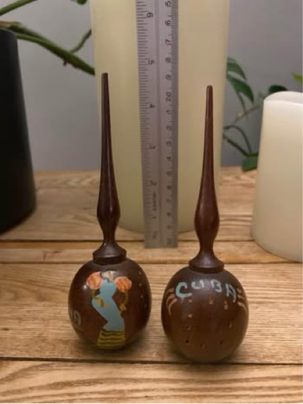 Vintage Wooden Cuba Dancer Maraca Salt & Pepper Shakers Tall Finial Souvenir MCM
